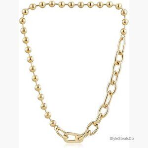 14K Gold Plated Chunky Beaded Link Chain Necklace with Lock Pendant Clasp